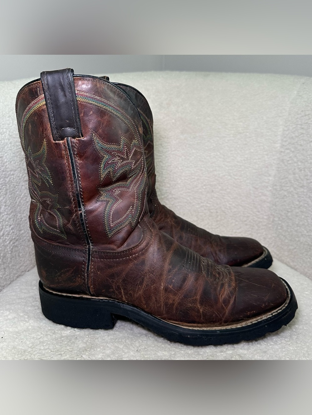 Vintage Cowboy Boots Brown Leather Embroidered Western Country Square Toe 8.5